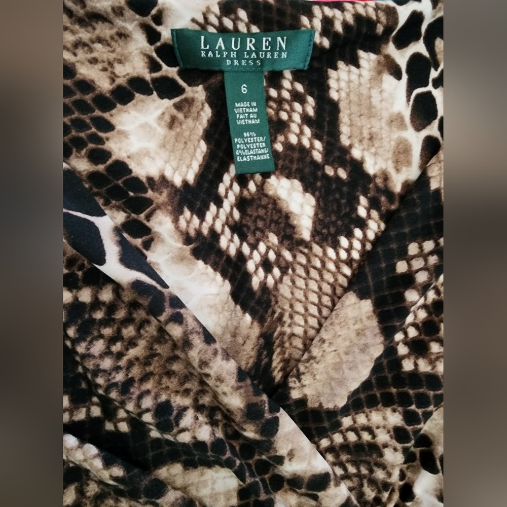LAUREN RALPH LAUREN Slinky Snake Print Faux Wrap Dress Sleeveless Midi EUC Sz 6 - Picture 4 of 5